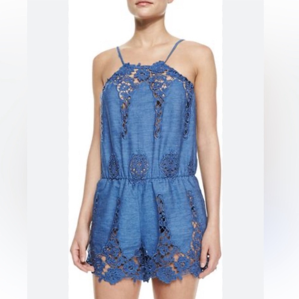 Miguelina Chambray Crochet Lace Romper Size Small